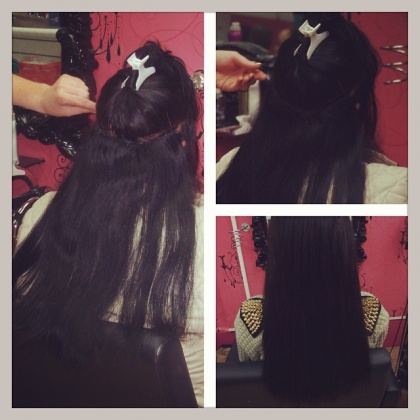 Cabello - extensions being sewn in