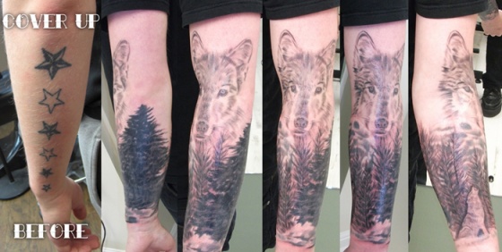 Aces High Tattoo Studio - Stars Coverup With Trees And Wolf